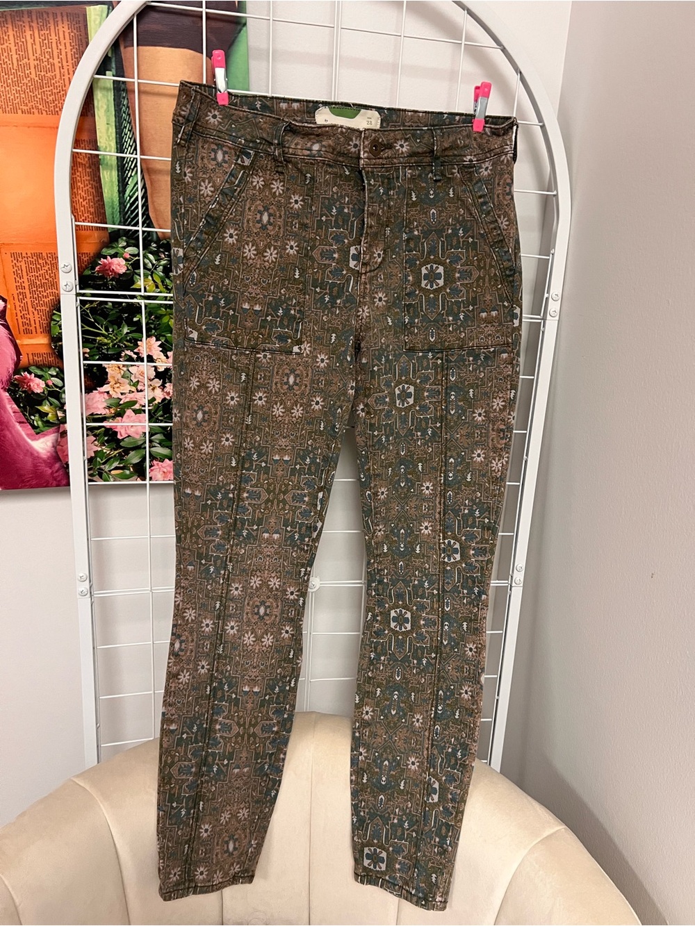 Anthropologie Brown Patterned Skinny Jeans with Subtle Teal Accents